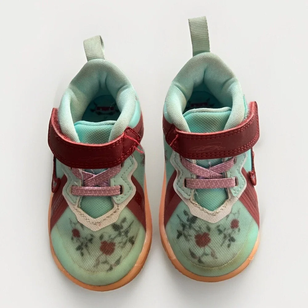 Nike LeBron 18 Toddler Girls 6C Teal Burgundy Floral Basketball Shoes DN4272-400